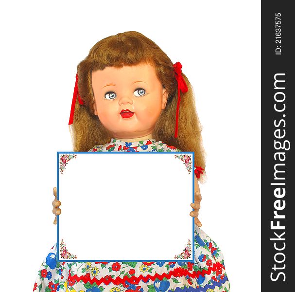 Vintage girl doll holding a blank sign for fill-in. Isolated on white. Vintage girl doll holding a blank sign for fill-in. Isolated on white.
