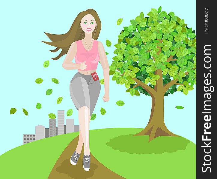 Stylistic illustration of a girl jogging in a big city park, with the city skyline visible in the background