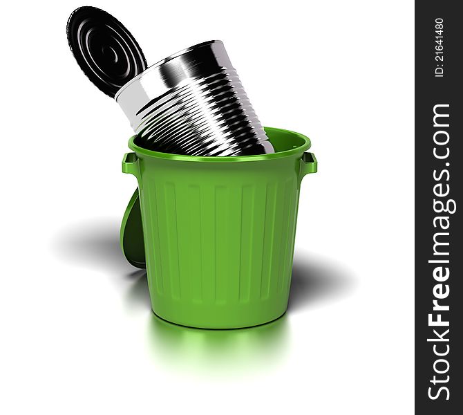 Big steel can inside a green trash can. image is over a white background. Big steel can inside a green trash can. image is over a white background