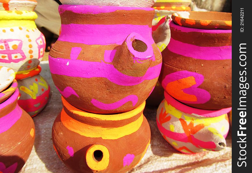 Collection of beautiful and colorful clay pots