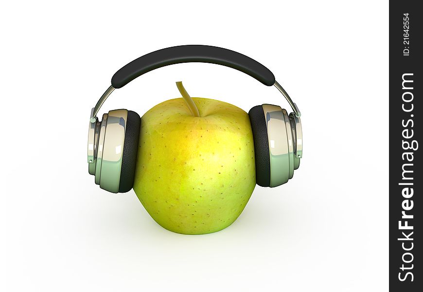 Green apple in which headphones are connected. Green apple in which headphones are connected