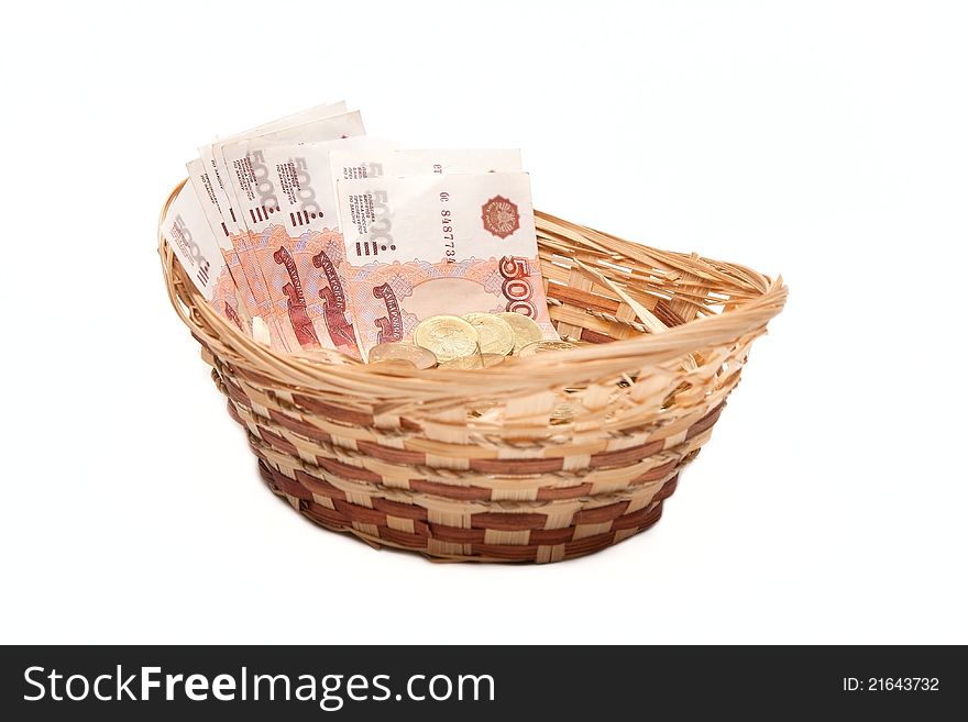 Money in basket. ten roubles and five Thousand. Money in basket. ten roubles and five Thousand