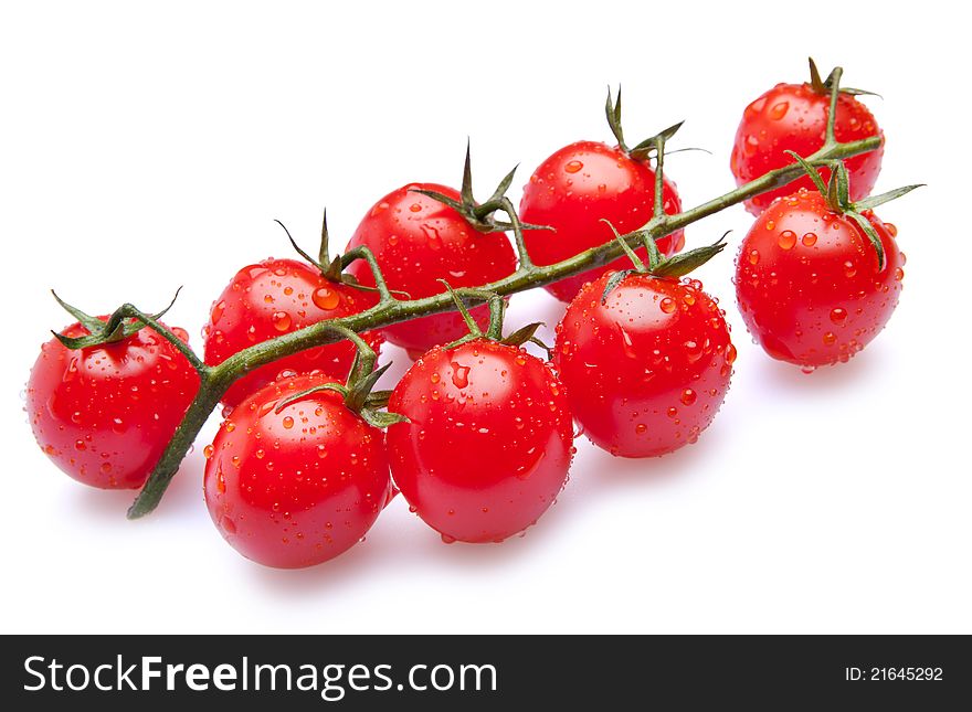 Washed fresh cherry tomatoes on a white
