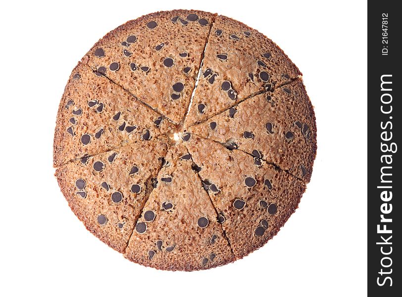 Upper view of a sliced round French cake with chocolate, isolated against a white background. Upper view of a sliced round French cake with chocolate, isolated against a white background.