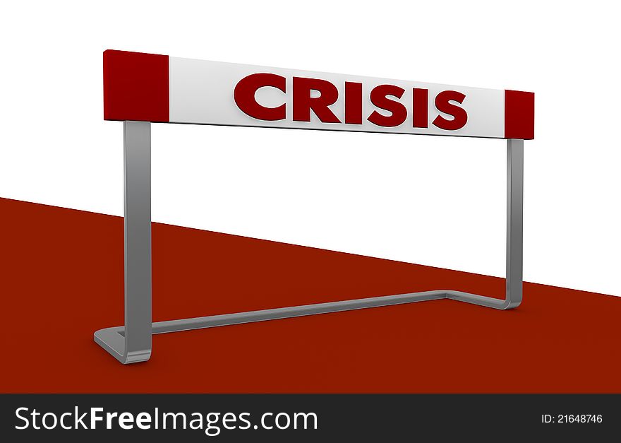 Concept image with one obstacle and the word: crisis (3d render)