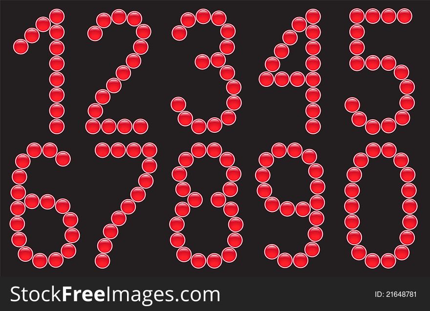 Collection numbers of red glossy buttons. Collection numbers of red glossy buttons