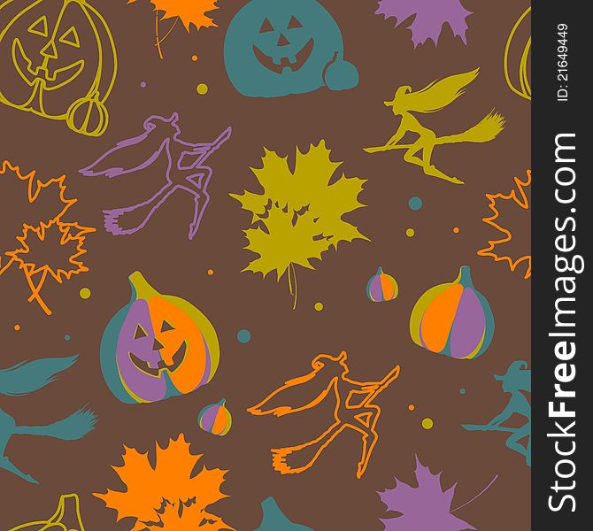 Halloween seamless pattern with pumpkins, witches, leaves
