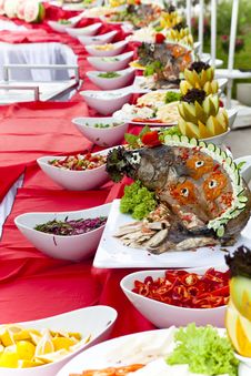 Celebratory Food: Stuffed Fish On Served Table Stock Photos Celebratory Food: Stuffed Fish On Served Table Stock Photos