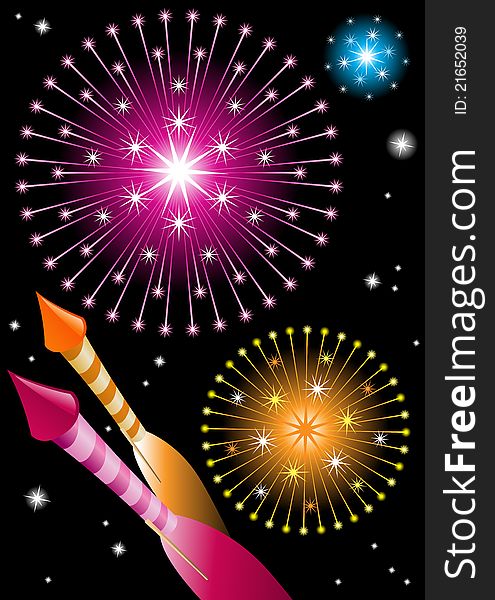 Vector illustration of fireworks and explosions in the night sky.