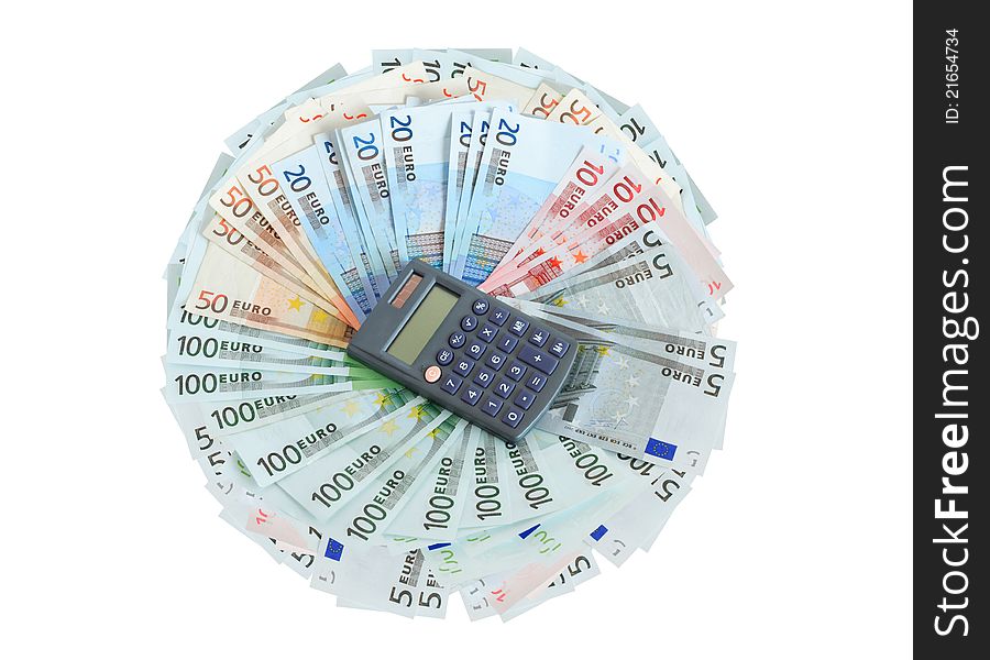 Profit concept. Calculator lying on lot of european union currency. Profit concept. Calculator lying on lot of european union currency