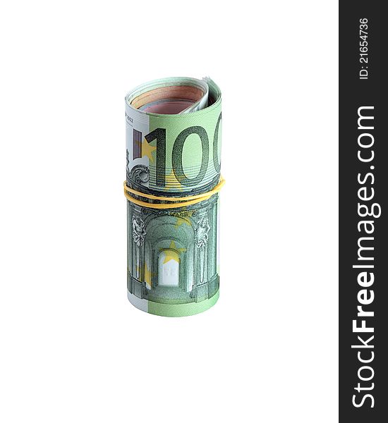 Roll of one hundred european notes tied with rubber band. Isolated on white with clipping path. Roll of one hundred european notes tied with rubber band. Isolated on white with clipping path