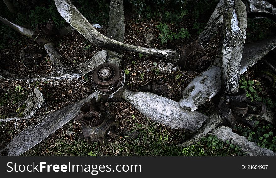 Old and bent propellers from crashed wartime aircraft. Old and bent propellers from crashed wartime aircraft