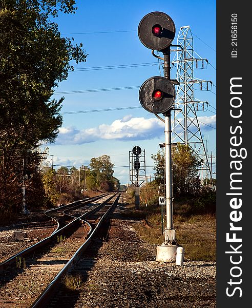 Railroad signal for train entering yard. Railroad signal for train entering yard