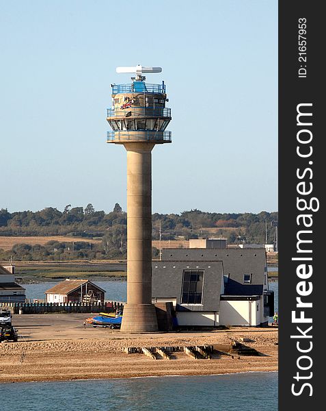 National Coastwatch Institution (NCI) tower located at Calshot, Hampshire, England. This tower monitors shipping in a busy channel and assists in the protection and preservation of life at sea. National Coastwatch Institution (NCI) tower located at Calshot, Hampshire, England. This tower monitors shipping in a busy channel and assists in the protection and preservation of life at sea.