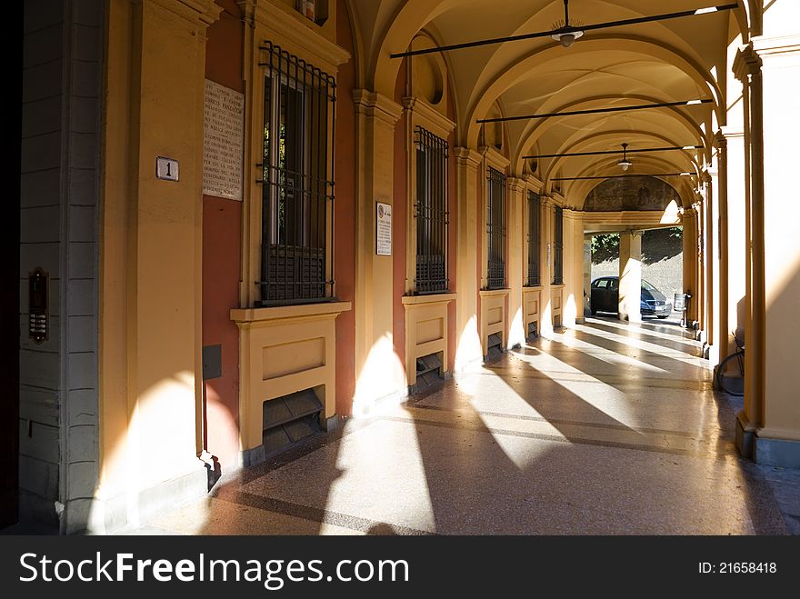 Typical passage with arcades in bologna, italy