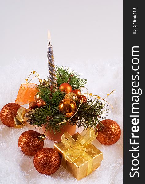 Christmas orange spheres and silver candles