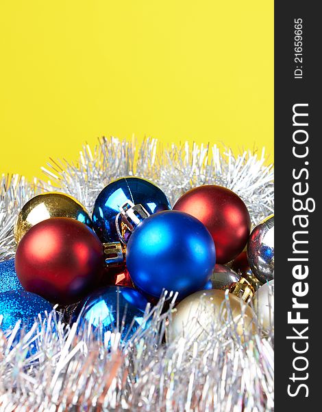 Christmas decorations on yellow background. Christmas decorations on yellow background