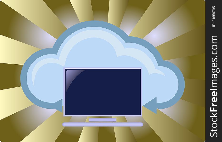 Illustration of cloud computing concept, in retro style, computer, cloud, and arrow as sign