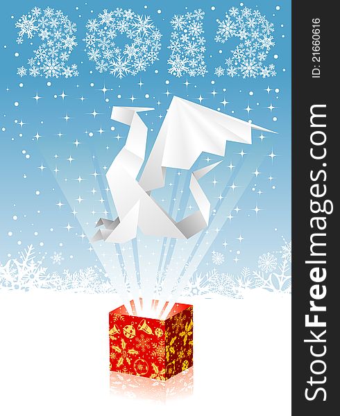 Christmas card with a dragon flying out of gift box, element for design, vector illustration. Christmas card with a dragon flying out of gift box, element for design, vector illustration