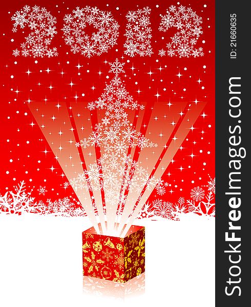 Christmas background with tree and gift box, element for design, vector illustration
