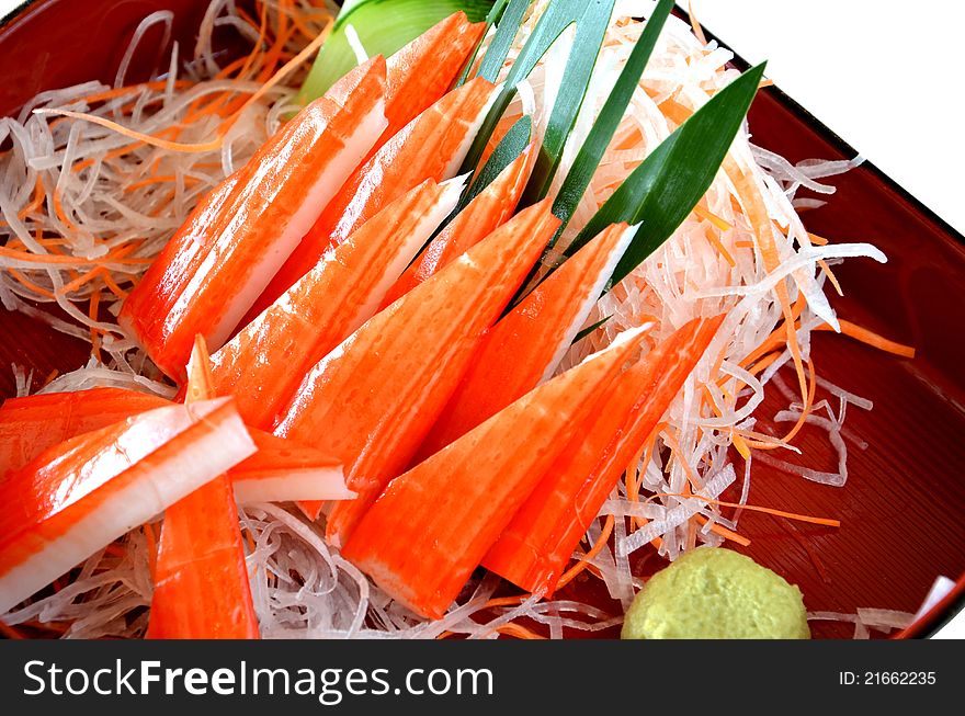 Crabmeat sticks with fresh vegetables and  wasabi