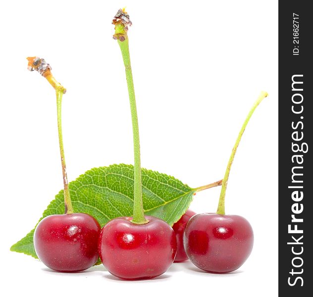 Cherries with green leaf on a white background