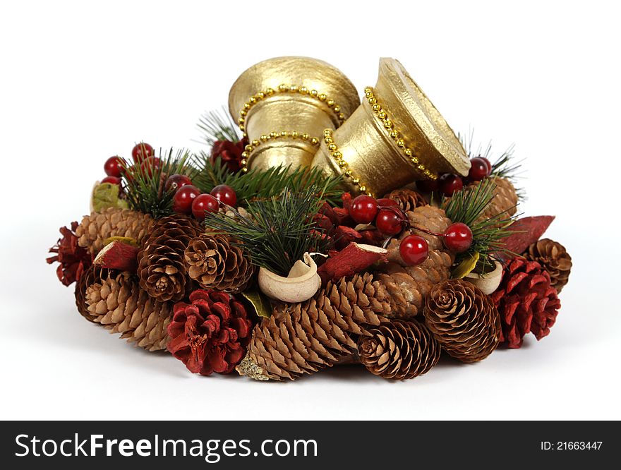 Gold bells with the twigs of the spruce and cones. Gold bells with the twigs of the spruce and cones