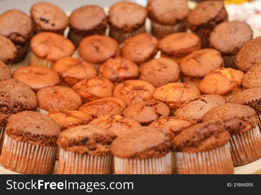 Chocolate muffins on a display