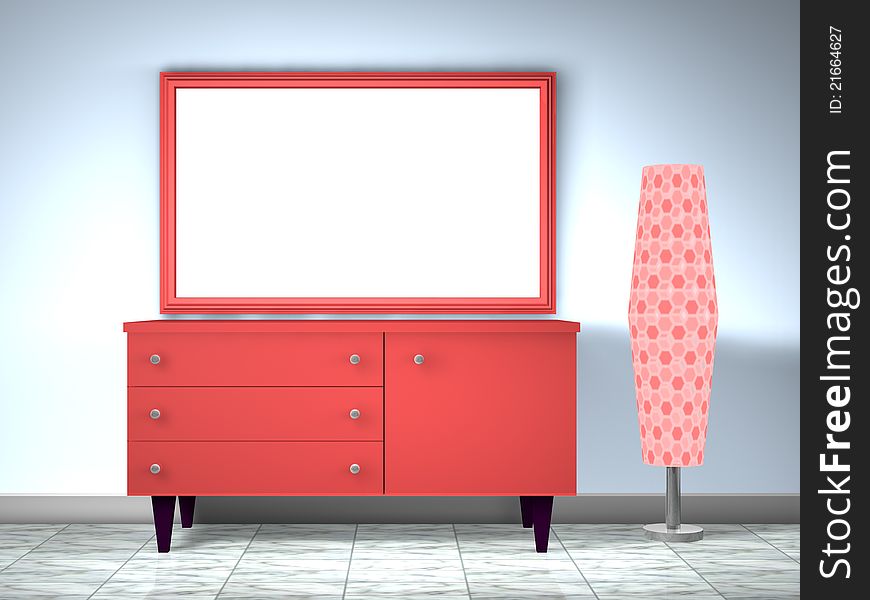 3d red furniture with lamp