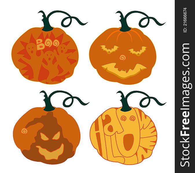 A set of Halloween pumpkins with bats, ghosts and the word Halloween with Dreamstime logo