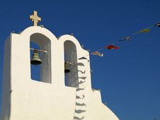 Bell Tower, Cross And Flags In Greece Stock Photos