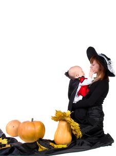 Halloween Baby With Mother Near Pumpking Stock Photography Halloween Baby With Mother Near Pumpking Stock Photography