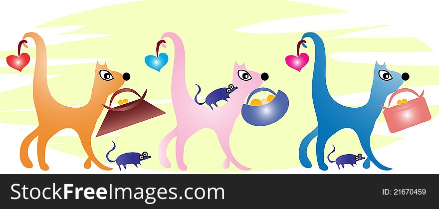 Illustration with three cute coloured cats bringing hearts at their tails and shopping bags in their mouthes. Illustration with three cute coloured cats bringing hearts at their tails and shopping bags in their mouthes