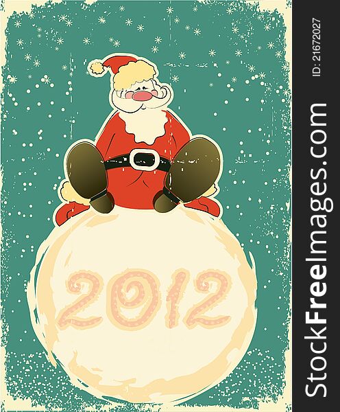 Santa Claus on snowball.Retro card for celebrate on old paper texture