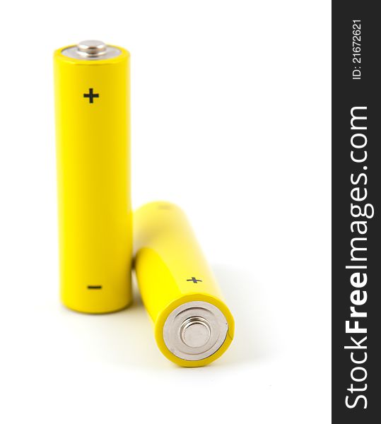 Two alkaline batteries on a white background. Two alkaline batteries on a white background
