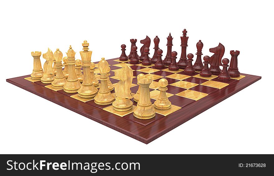 Chess board and pieces with wood texture isolated on white. Chess board and pieces with wood texture isolated on white