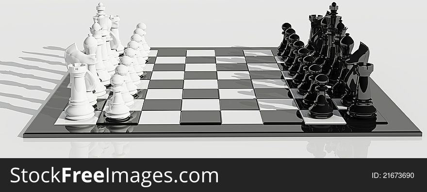 Chess board and pieces with shadows  on white. Chess board and pieces with shadows  on white