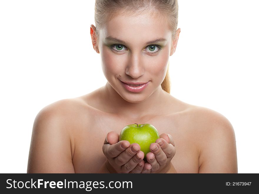 Young Happy Smiling Woman With Apple