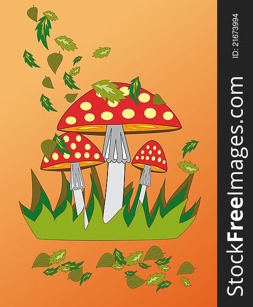 Colourful illustration of three mushrooms of fly agarics and leaves in the autumn on an orange background. Colourful illustration of three mushrooms of fly agarics and leaves in the autumn on an orange background