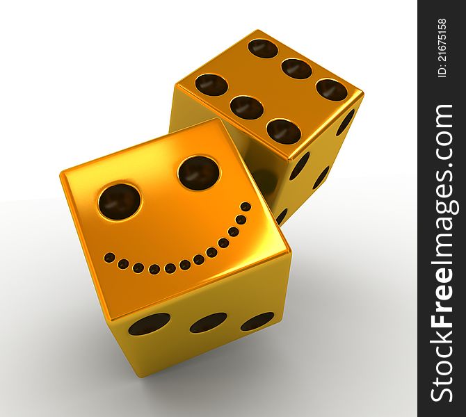 Two smiling golden dice on white background