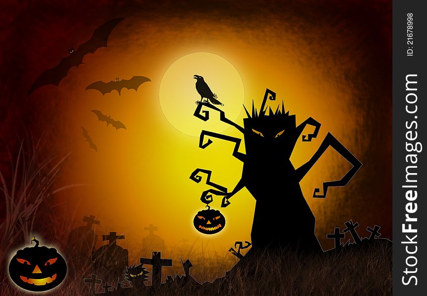 Halloween dark scenery with naked tree, pumpkins, bat ,crow and old graveyard.