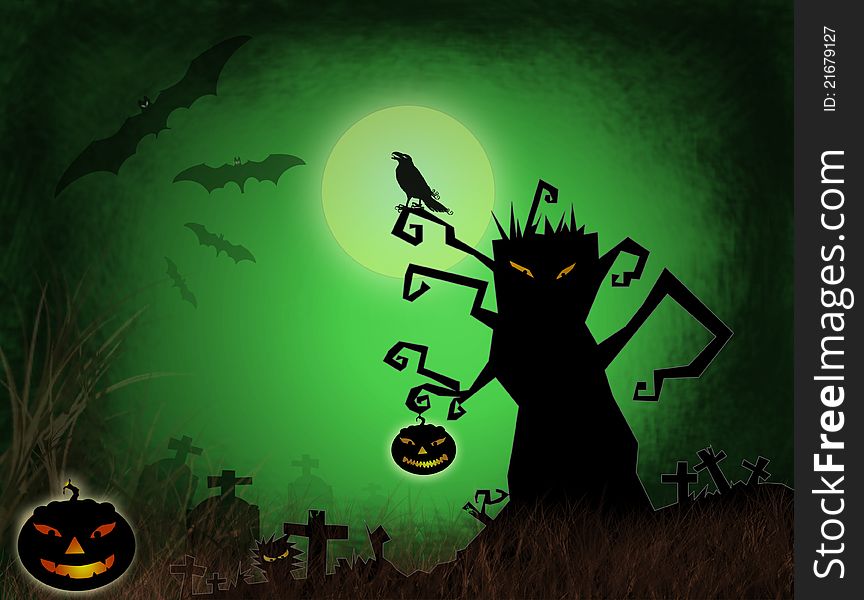 Halloween dark scenery with naked tree, pumpkins, bat ,crow and old graveyard.