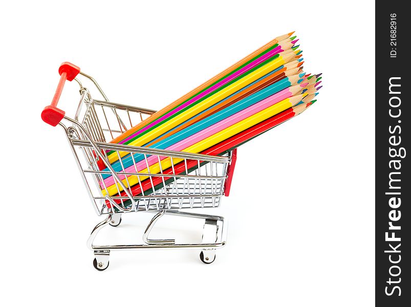 Color pencils in shopping cart isolated