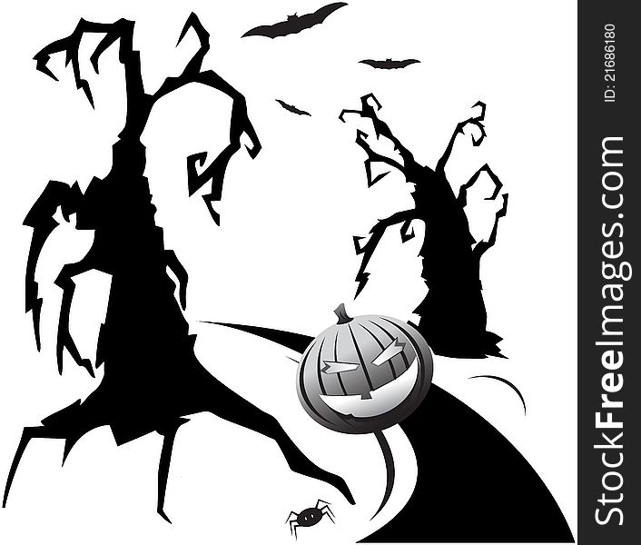 Silhouettes of two trees, hallowen pumpkin and bats