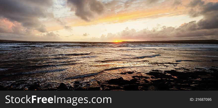 Scenic Atlantic ocean sunset, west of Ireland, panorama. Scenic Atlantic ocean sunset, west of Ireland, panorama