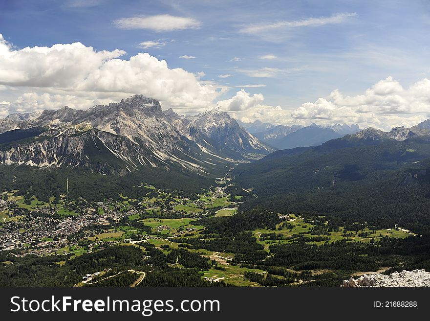 Aerial view of Cortina d'Ampezzo in Italian Dolomites.