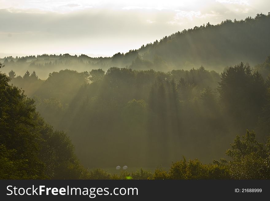 Mist covered hills in Nuremberg Land district (Middle Franconia region, Bavaria), Germany
