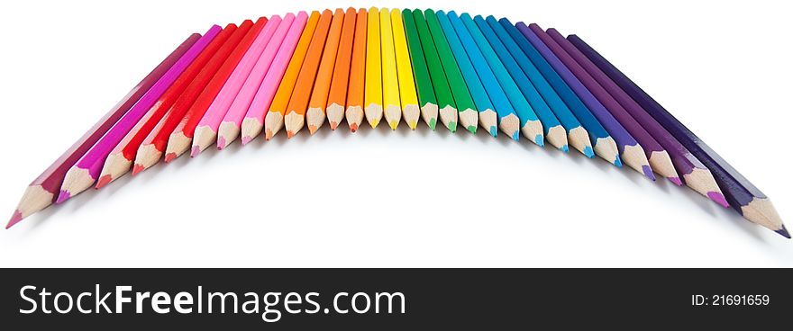Assortment of color pencils on white background