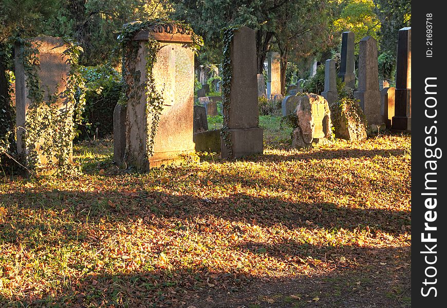 Jewish Cemetery, ancient tombstone in the landscape of autumn