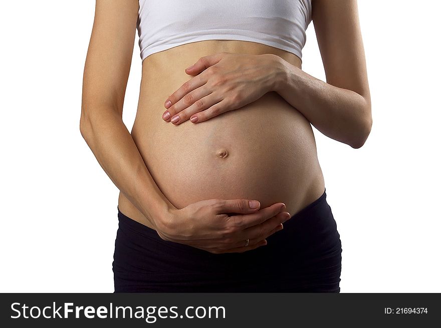 Belly pregnant woman closeup.Isolated